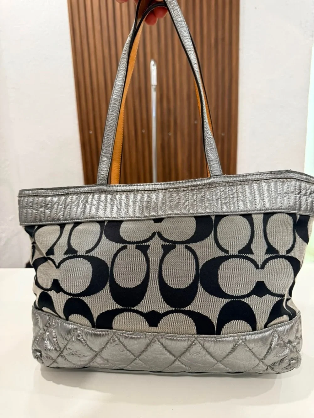 Coach Poppy Silver Quilted Metallic Signature Monogram Gray Black Tote #18676